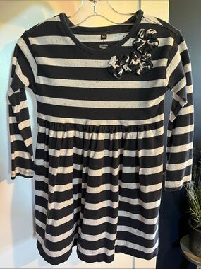 Tea Collection Black and White Striped Long-Sleeve Dress with Rosette Detail